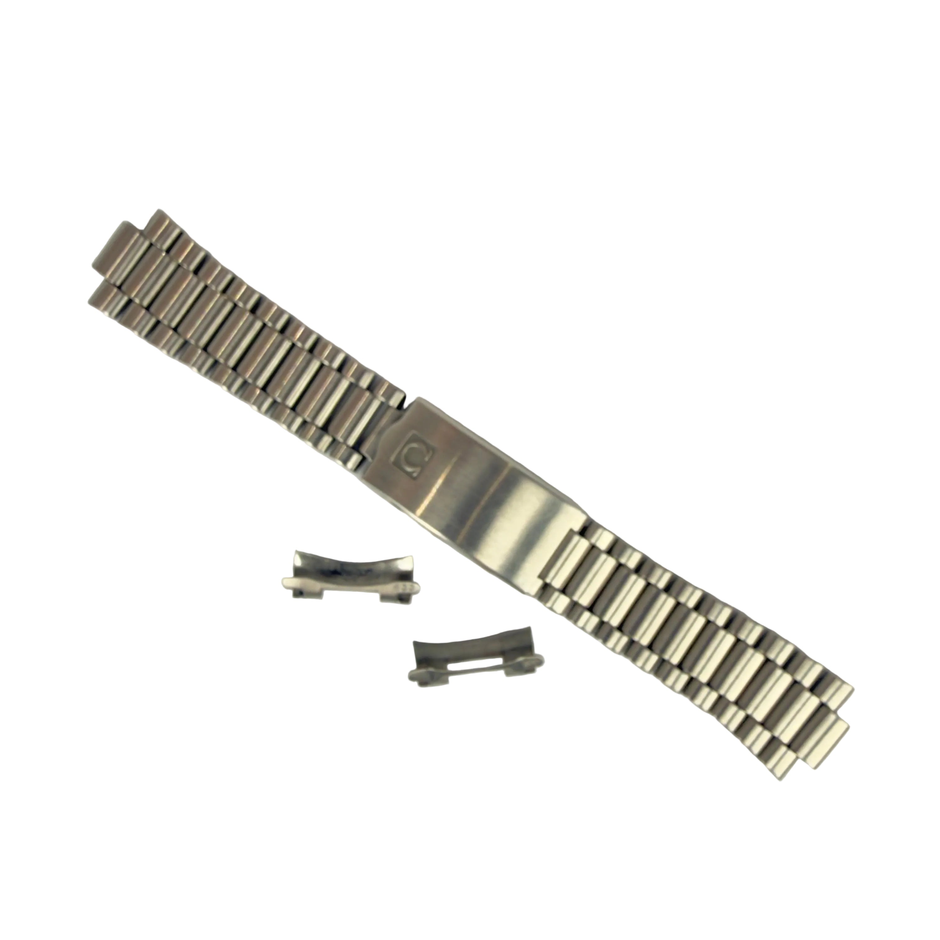 Metallic watch strap on a light gray background