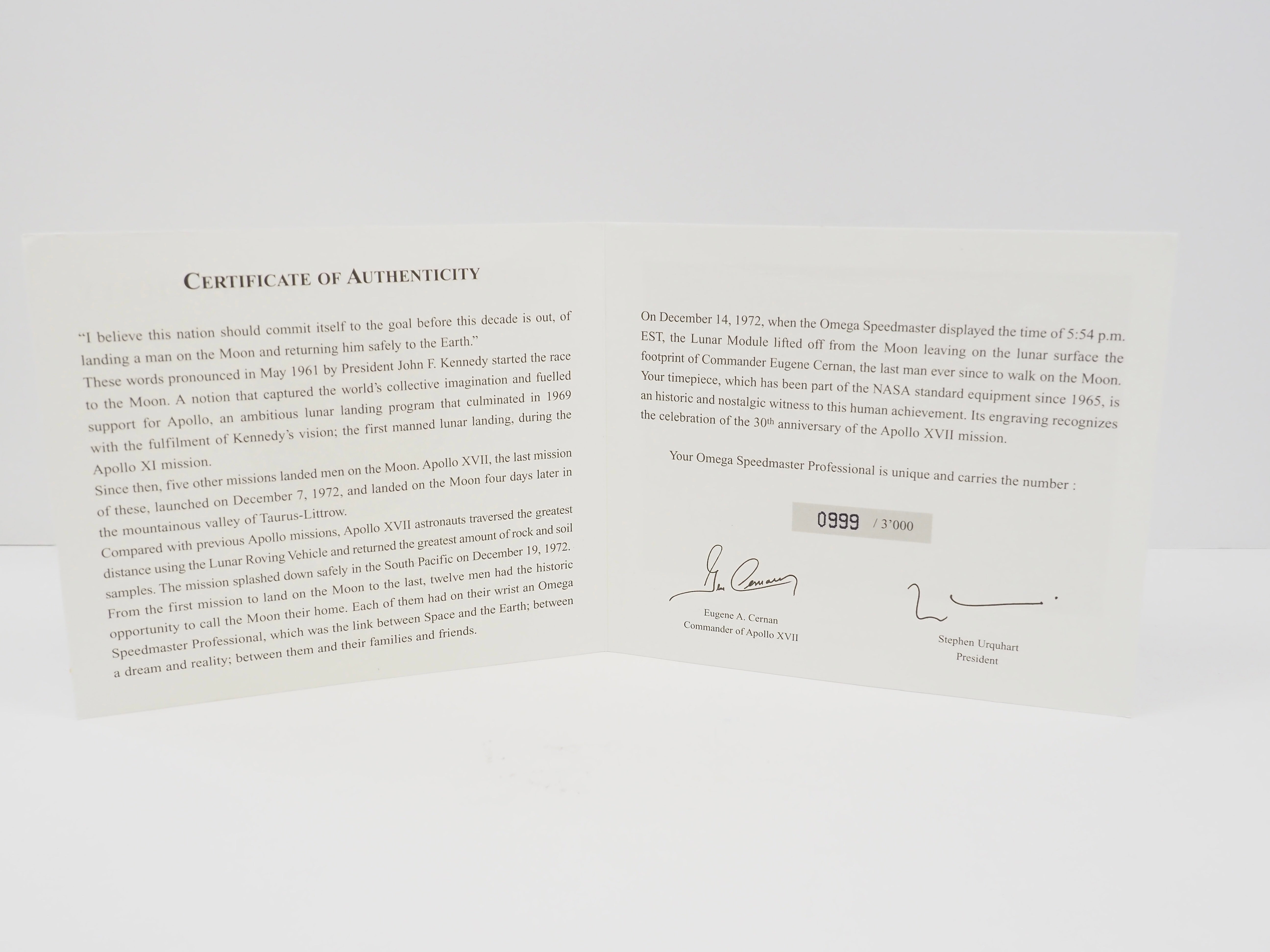 Omega Speedmaster Apollo 17 30th Anniversary Certificate 999/3000